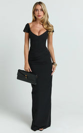 Black Off-Shoulder Plunge High-Split Maxi Dress